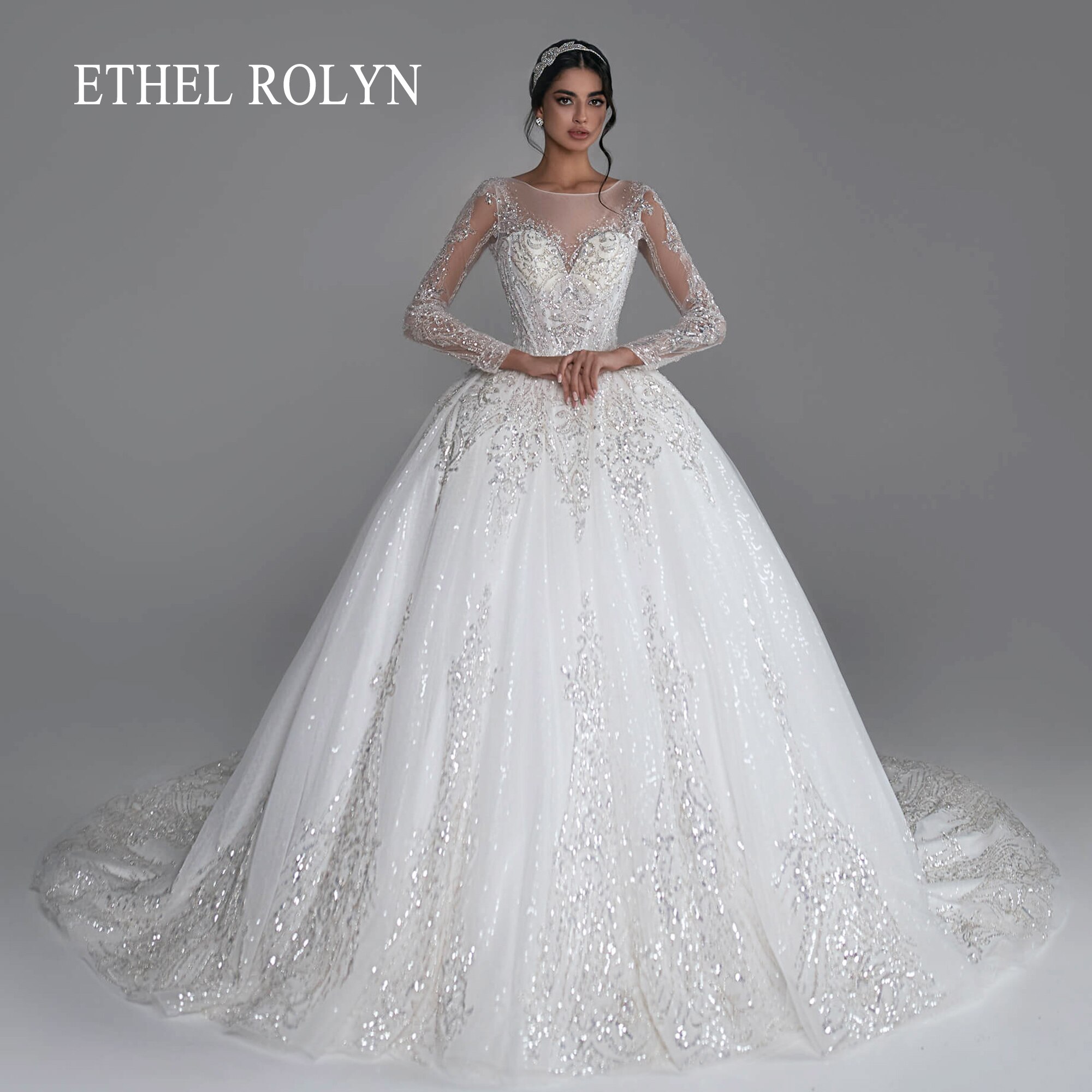 ETHEL ROLYN 긴 소매 볼 가운 웨딩 드레스, 2023 스쿠프 인비저블 네크라인, 반짝이는 스팽글 웨딩 가운
